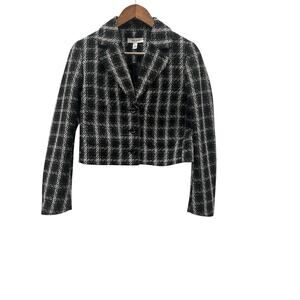 Nine West Women’s Tweed Cropped Blazer Jacket Black White Plaid Size S